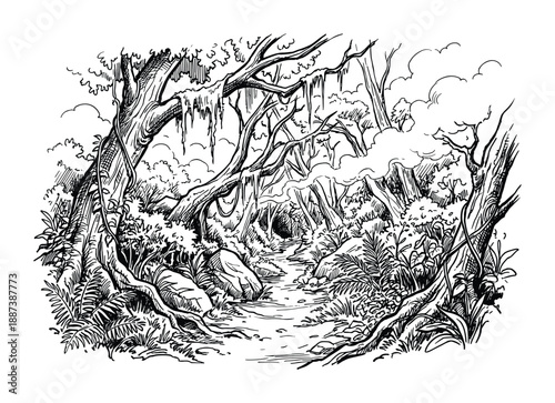 Dense forest path ink drawing, jungle scene, trees, ferns, path, dark tunnel, black and white illustration.