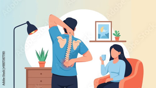 Man with back pain, woman holding mug in living room