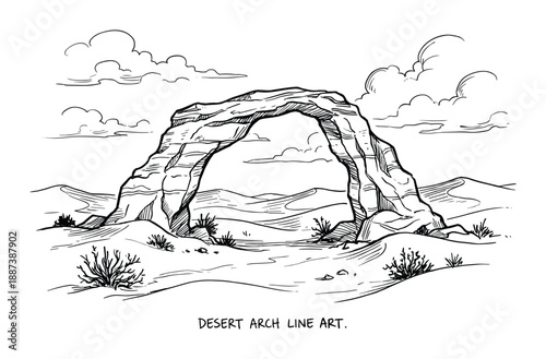 Desert arch line art illustration. Natural rock formation in desert landscape with clouds. Outdoor scene, black and white.