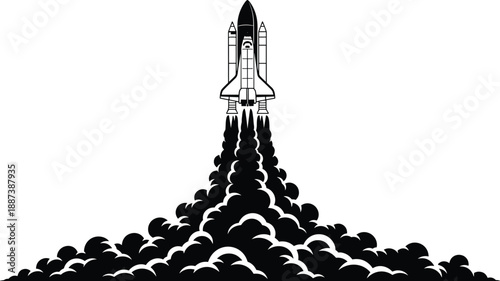 Space shuttle launch silhouette illustration with powerful rocket exhaust, dramatic smoke clouds, aerospace technology concept, and minimalist black and white design