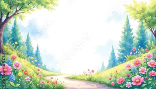 A vibrant watercolor painting of a winding path through a lush, sun-drenched meadow filled with colorful wildflowers and evergreen trees under a bright blue sky with fluffy clouds.