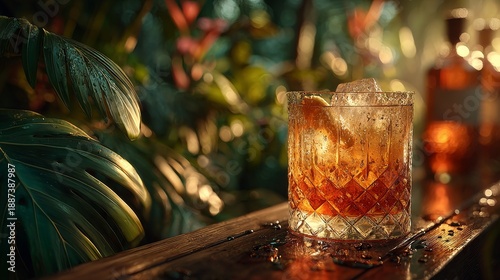 Hyperrealistic tropical cocktail on bar counter with condensation, reflections, lush leaves, warm moody lighting, deep coral and amber tones, cinematic shadows, elegant tropical night vibe
