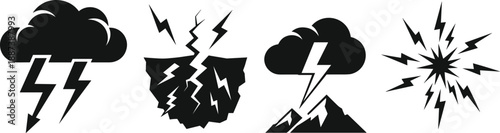 Thunderstorm lightning icons set with clouds bolts and electric energy black silhouette vector illustration isolated on white background for weather design