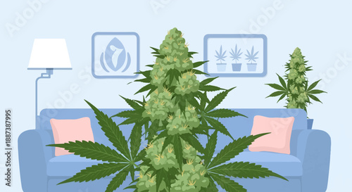 Indoor cannabis plant with buds on couch under lamp, artwork on wall