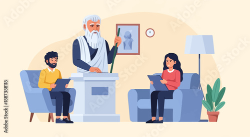 Mentorship session with ancient figure and two students