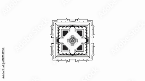 Ornate octagonal and square symmetrical architectural blueprint with internal courtyards