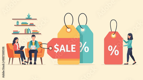 People and sales tags promoting discounts, with furniture and shelves in background