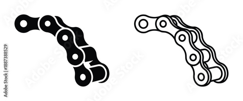 Detailed illustration of two bicycle chain links, black and white outlines, engineering design, chain parts