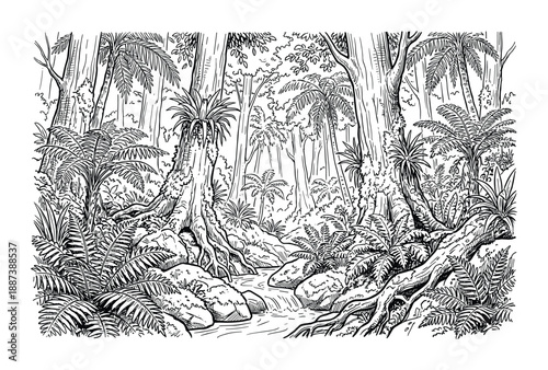 Detailed illustration of lush tropical rainforest scene with a stream, trees, plants, and rocks