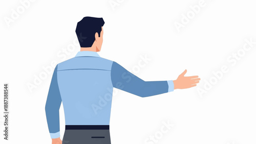 Man with open hand for handshake, light blue shirt, dark hair