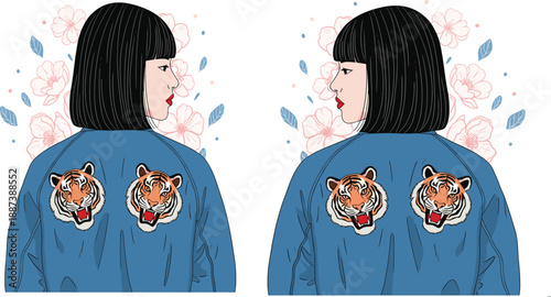 Stylish woman portrait illustration wearing embroidered tiger jacket, fashion art with floral background, modern vector design