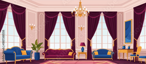 Ornate room with plush seating, chandeliers, and large windows