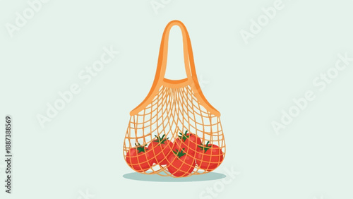 Mesh bag filled with vibrant red tomatoes on a light blue background