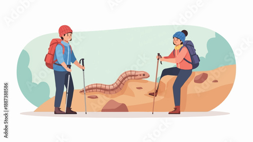 Hikers encounter a large snake in a desert-like environment