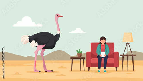 Ostrich and woman with armchair, plant, lamp, and desert landscape