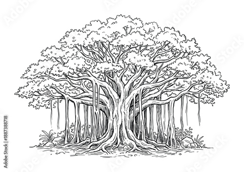Detailed line art of a Banyan tree with aerial roots and foliage. Roots reaching the ground in the drawing