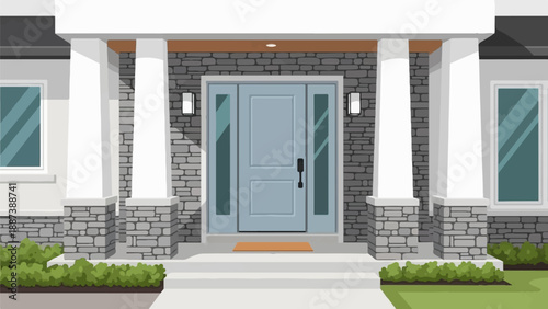 Home entrance with stone facade, columns, and a light blue door