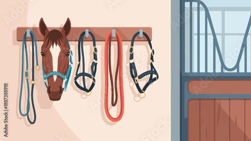 Horse head and tack hanging on stable wall near a stall door