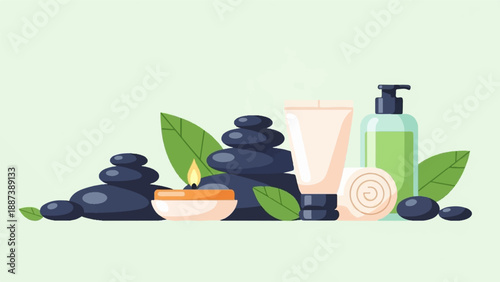 Hot stones, candle, and spa products arranged with leaves