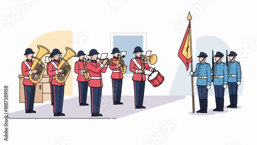 Military band in uniform performs with brass instruments and percussion, while guards stand ready