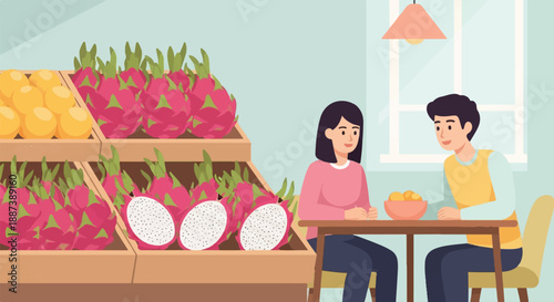 People at a table with dragon fruit and oranges displayed