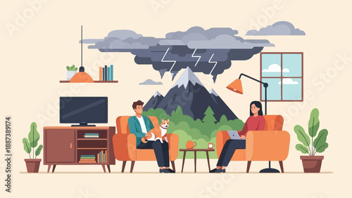 People and dog inside with stormy mountains visible through window