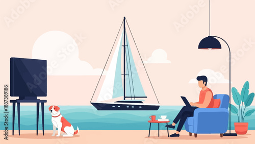 Man works on laptop by sea with dog and sailboat