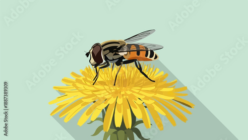 Hoverfly perched on bright yellow dandelion flower, casting a long shadow