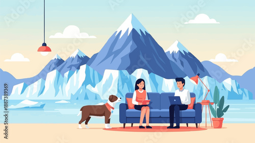 People and dog on couch with laptop, ice mountains background