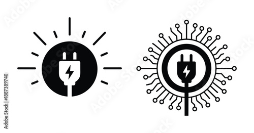 Electric plug technology icons set featuring circuit board and sun symbols for power and energy themes.