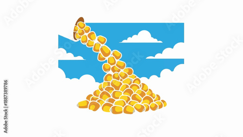 Overflowing basket of yellow kernels spills onto a cloudscape