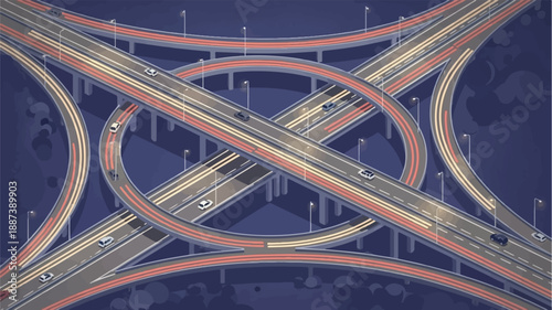 Illuminated highway interchange at night with cars moving along lanes
