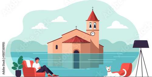 Man and dog relax indoors while church building floods outside