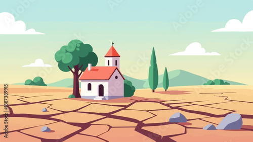 Minimalist arid landscape featuring a small white house with red roof and tower