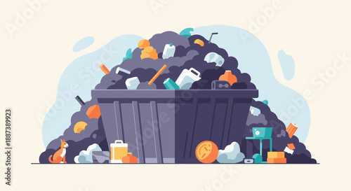 Overflowing dumpster with various trash items, a small dog sits nearby