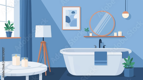 Minimalist bathroom with tub, plants, candles, and a modern lamp