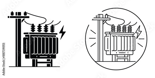 Electrical transformer with pole and lightning bolt line art illustration black and white vector image.