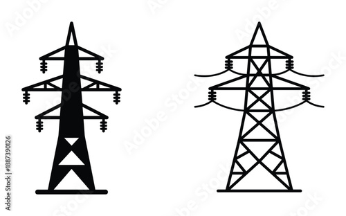 Electricity pylon transmission towers vector design illustration, black and outline style power lines.