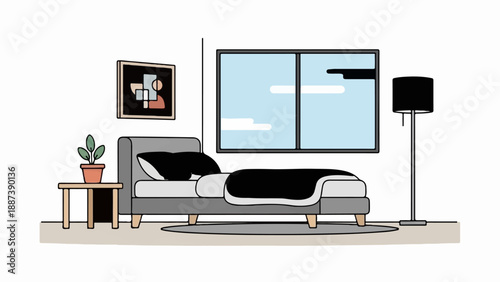 Minimalist bedroom scene with bed, nightstand, plant, art, and window