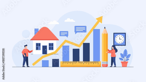 Illustration of financial growth with a house, chart, and people