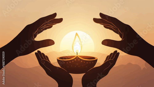 Hands cradle a glowing lamp against a warm, hazy sunset backdrop