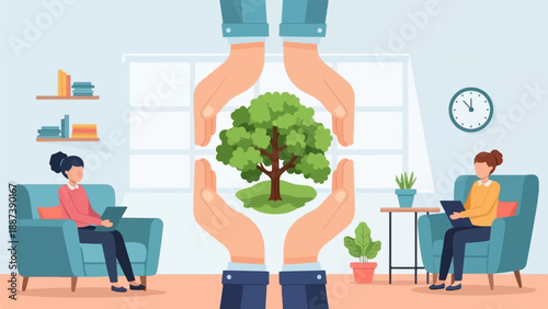 Hands cradle a growing tree, women relax with technology indoors