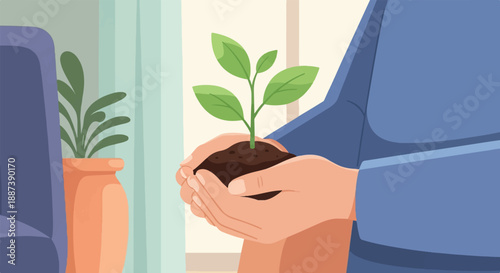 Hands cradle a young plant in soil, representing growth and care indoors