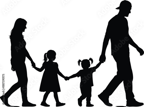 Happy family silhouette walking together holding hands, mother father and two children outdoor activity, parenting concept vector illustration, life insurance family security,