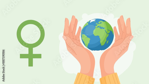 Hands cradling the Earth, with a female symbol on the left