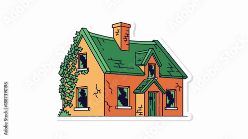 Overgrown vine covers a damaged, empty, and abandoned house with broken windows