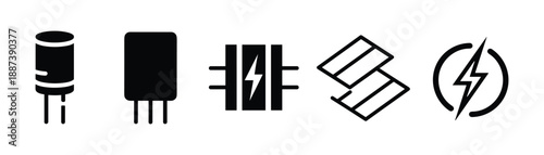 Electronics components vector icons, capacitor, transistor, fuse, energy, power symbol isolated on white background
