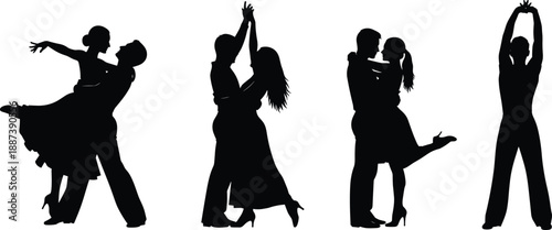 Elegant, ballroom, dancing, silhouettes, featuring, romantic, couples, in, graceful, poses, and, a, solo, dancer, perfect, for, social, event, and, studio, promotion.