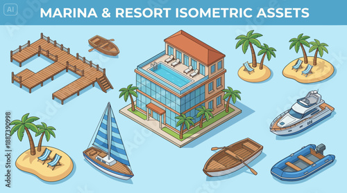 Marina and Resort Isometric Asset Collection Vector Illustration
