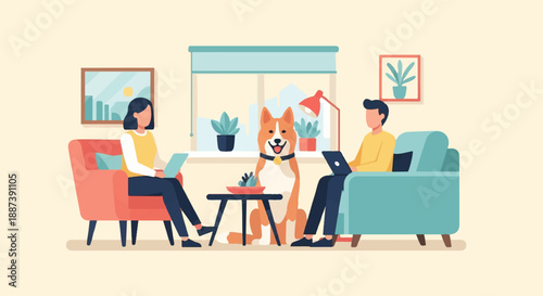 People and dog relaxing indoors with laptops and plants